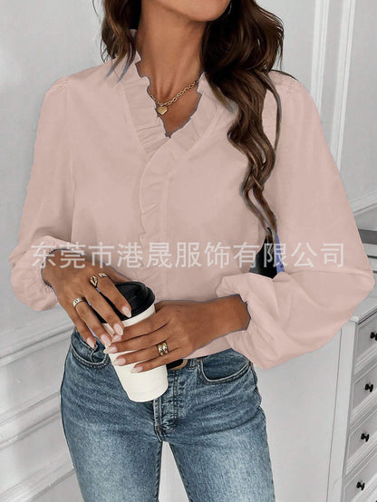 Dam Långärmad Skjorta Rufsad Polyester Elegant Loose Fit-6