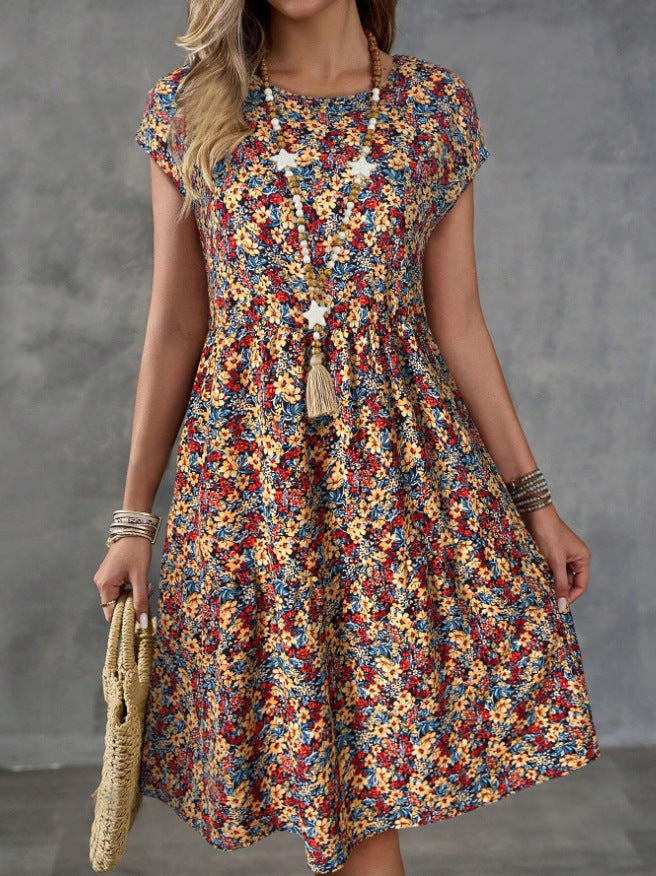 Kvinnors A-Linjeformad Klänning V-Ringning Bomullsblandning Blommönster-4