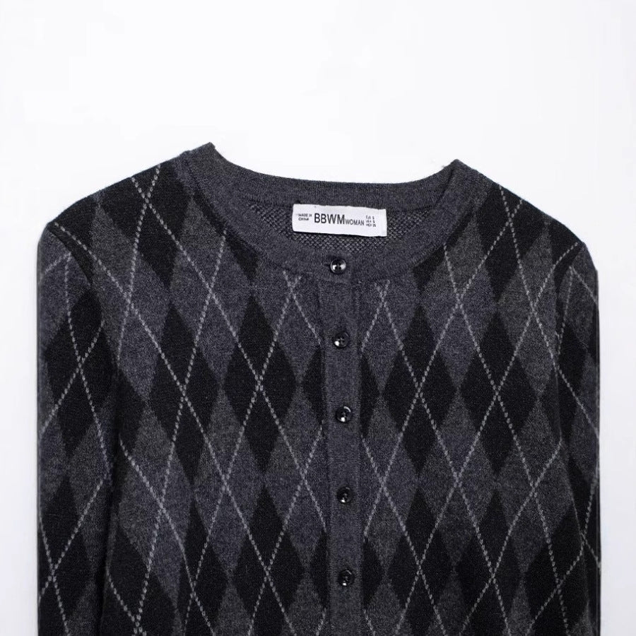 Kvinnors Cardigan Diamantmönster Mjuk Stickad med Midjebälte-5