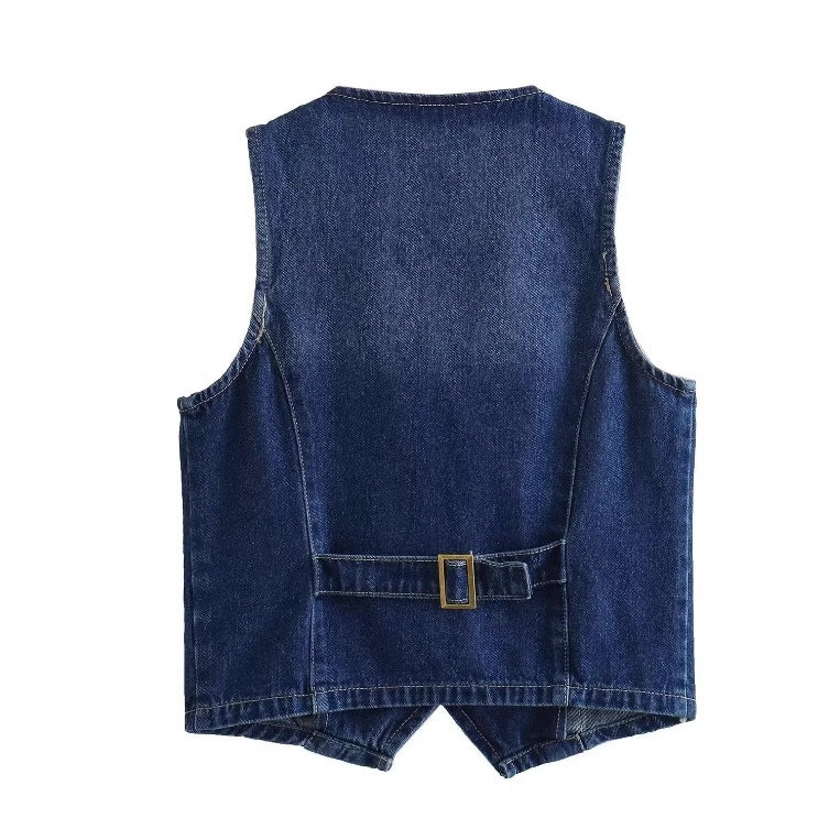 Dam Jeansväst V-ringning Figurbetonad Denim med Eleganta Knappar 3