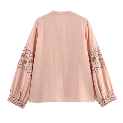 Dam Skjorta Broderad Långärmad Polyester-3