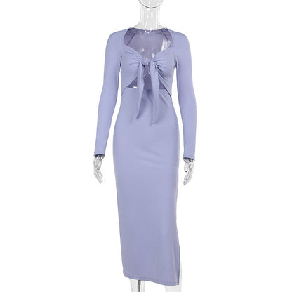 Långärmad Klänning med Djup V-Hals och Dekorativ Knut i Midjan – Elastiskt Tyg för Optimal Komfort 1