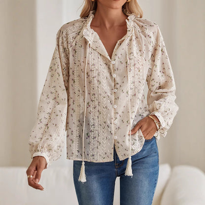 Dam Skjorta Boho Broderad Chiffon med Fringes 4
