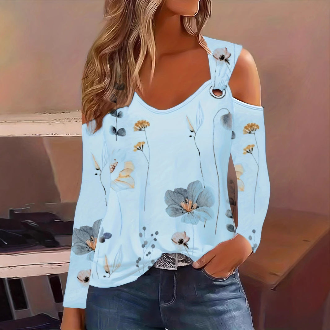 Dam Off-Shoulder Topp Blommönster V-Ringning Polyester-2