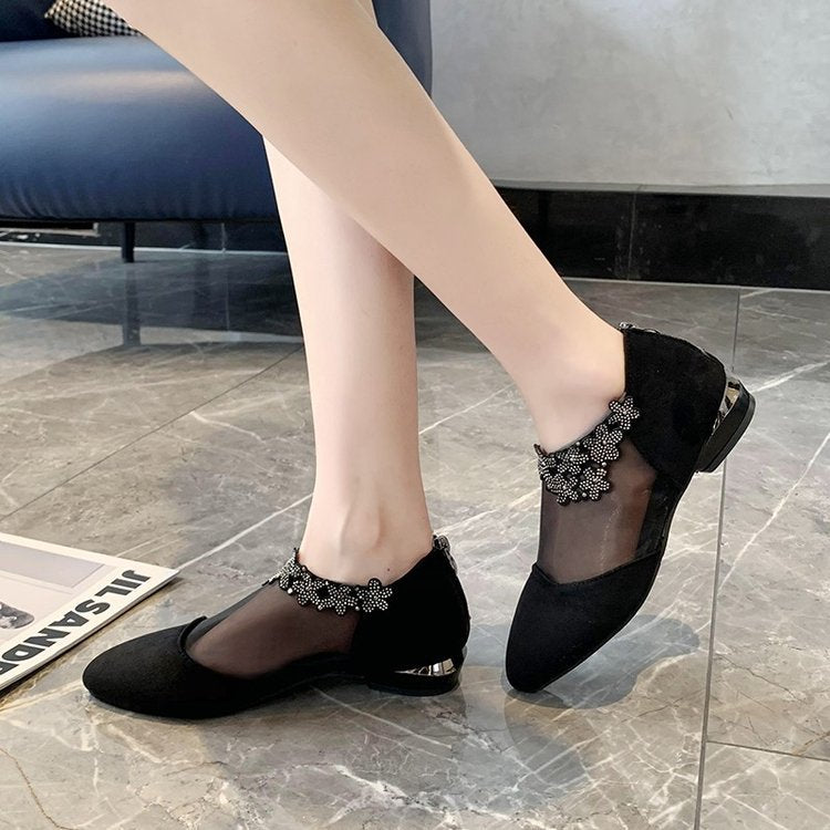 Ballerinaskor Dam med Transparent Mesh och Konstnärlig Applikation – Bekväm Blockklack för Elegant Stil 5
