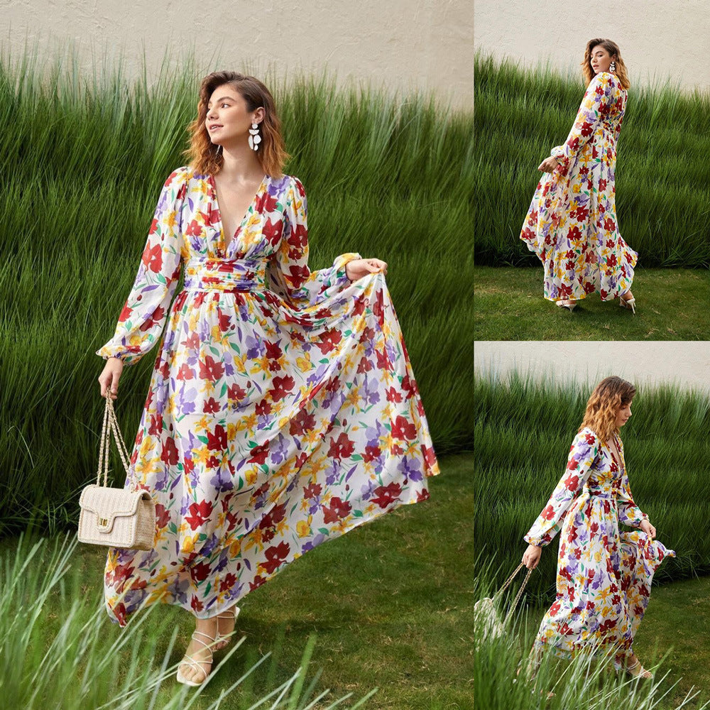 Kvinna A-Linjeformad Klänning Blommönster Polyester med Långa Ärmar-2