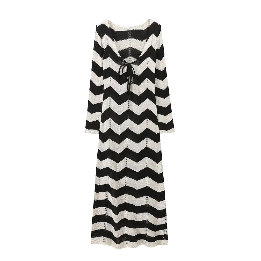 Dam Stickad Klänning Chevronmönster Djup V-hals Bomullsblandning-6
