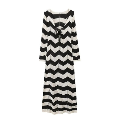 Dam Stickad Klänning Chevronmönster Djup V-hals Bomullsblandning-6