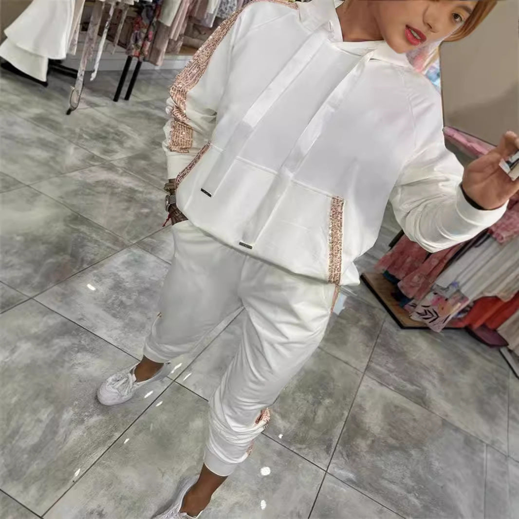 Dam Hoodie Set med Paljetter och Långärmad Byxor i Polyester-2