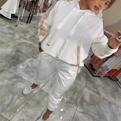 Dam Hoodie Set med Paljetter och Långärmad Byxor i Polyester-2