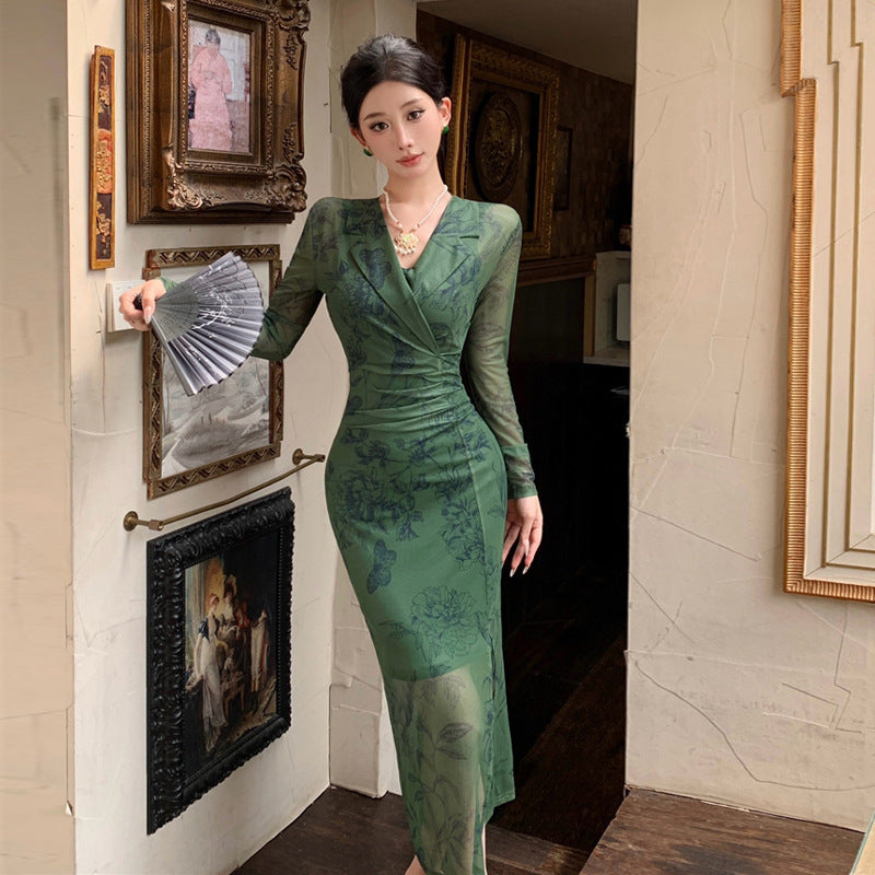 Damklänning Långärmad Delad Design Högkvalitativt Tyg-3