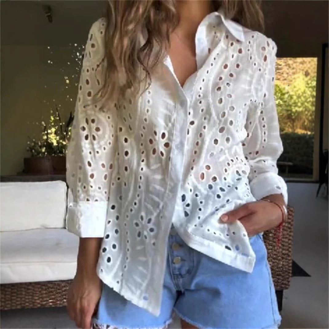 Dam Skjorta Broderad Polyester Regular Fit Lång Ärmar-4