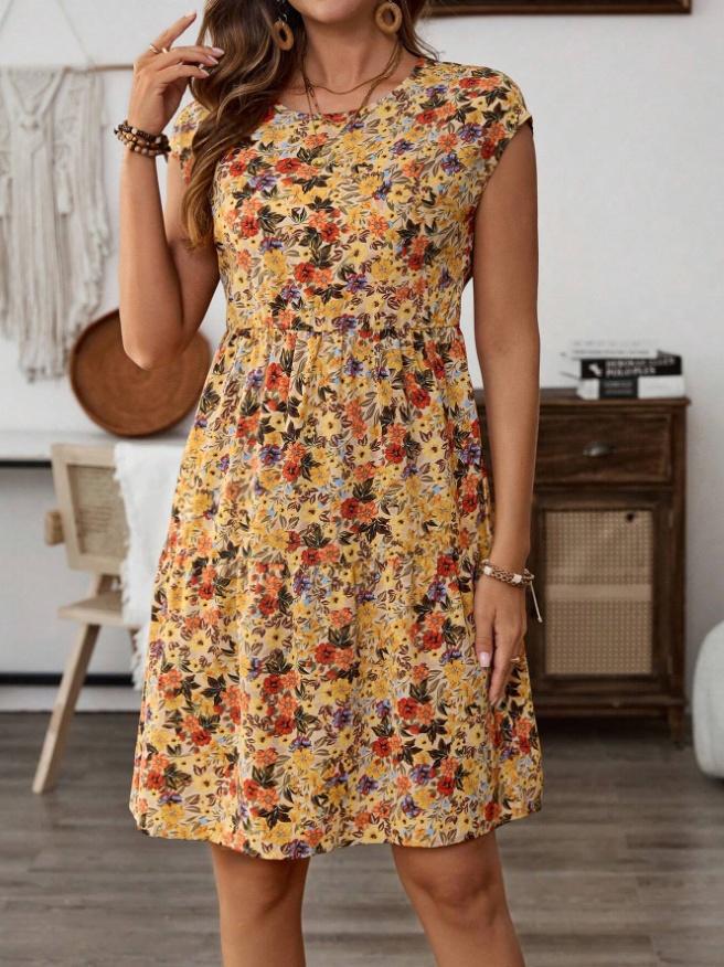 Kvinnors A-Linjeformad Klänning V-Ringning Bomullsblandning Blommönster-6