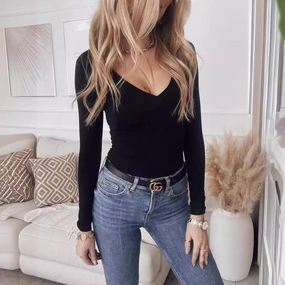 Långärmad T-shirt Dam V-ringning Bomull 90%-3