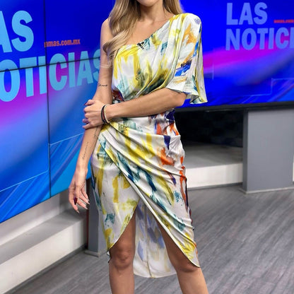 Kvinna Midi Klänning Asymmetrisk Polyester Blommönster-4