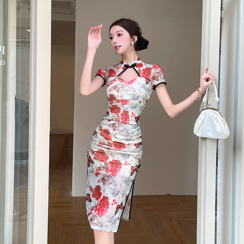 Dam Klänning Bodycon Blommönster Mesh Qipao-Inspirerad-2