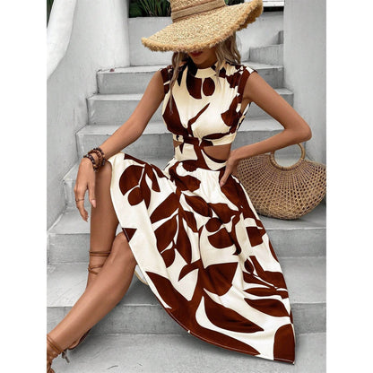 Kvinna Midi Kjol Hög Midja A-linjeformad Polyester Blommönster-2