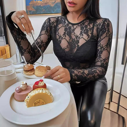 Dam Tröja Slim Fit Spetsdetaljer Polyester-3