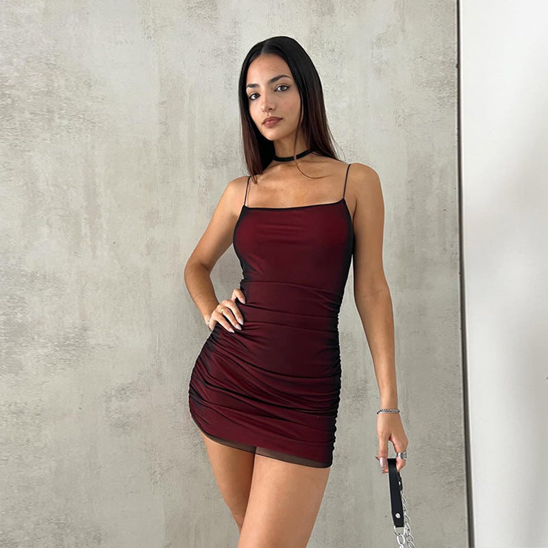 Kvinnors Mini Klänning Figur-huggande Elastiskt Tyg med Spaghettiband och Rüschendetaljer 3