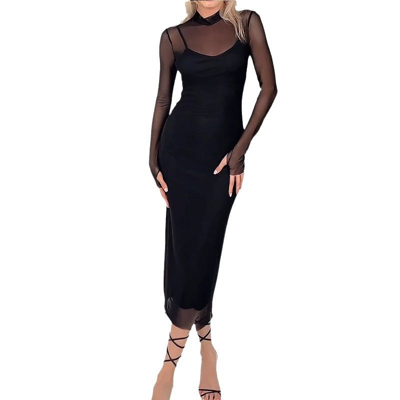 Damklänning A-Line Transparent Mesh Lång Ärmar Polyester-5