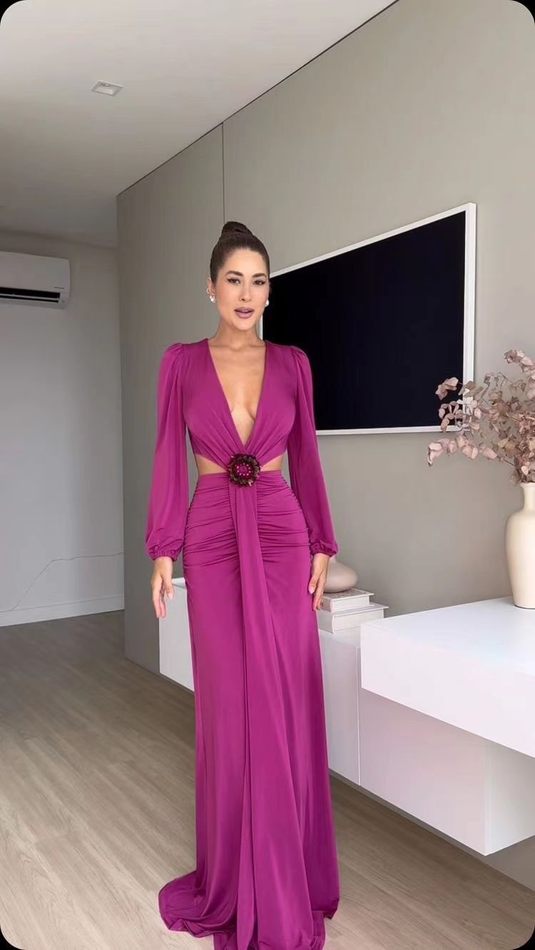 Damklänning A-Linje Långärmad Polyester V-Ringning 5