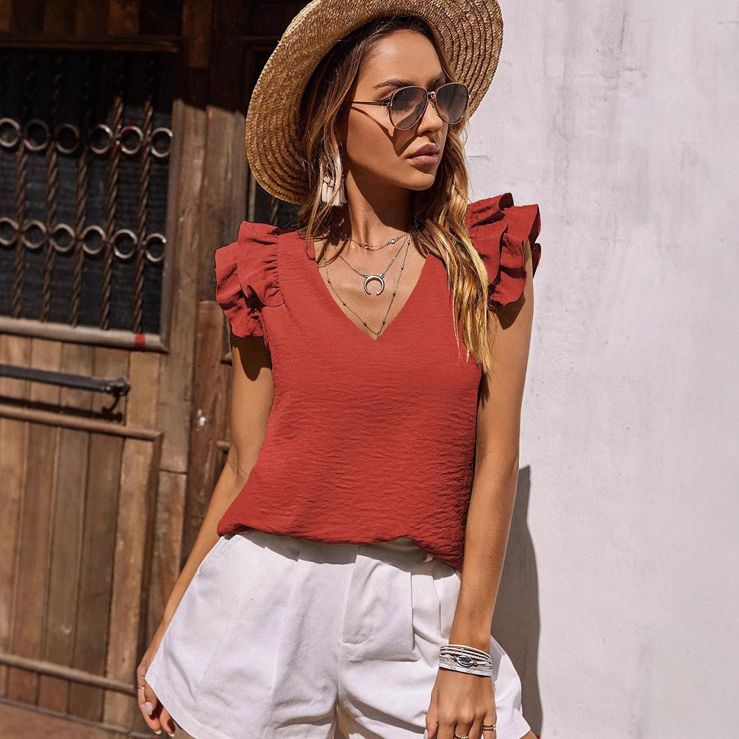Dam T-shirt V-ringad med Rüschen Polyester Ärmlös-3