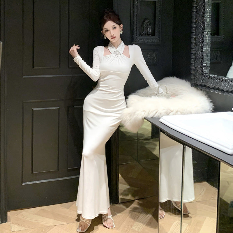 Kvinna Lång Klänning Halterhals Sjöjungfru Polyester Elastan-3