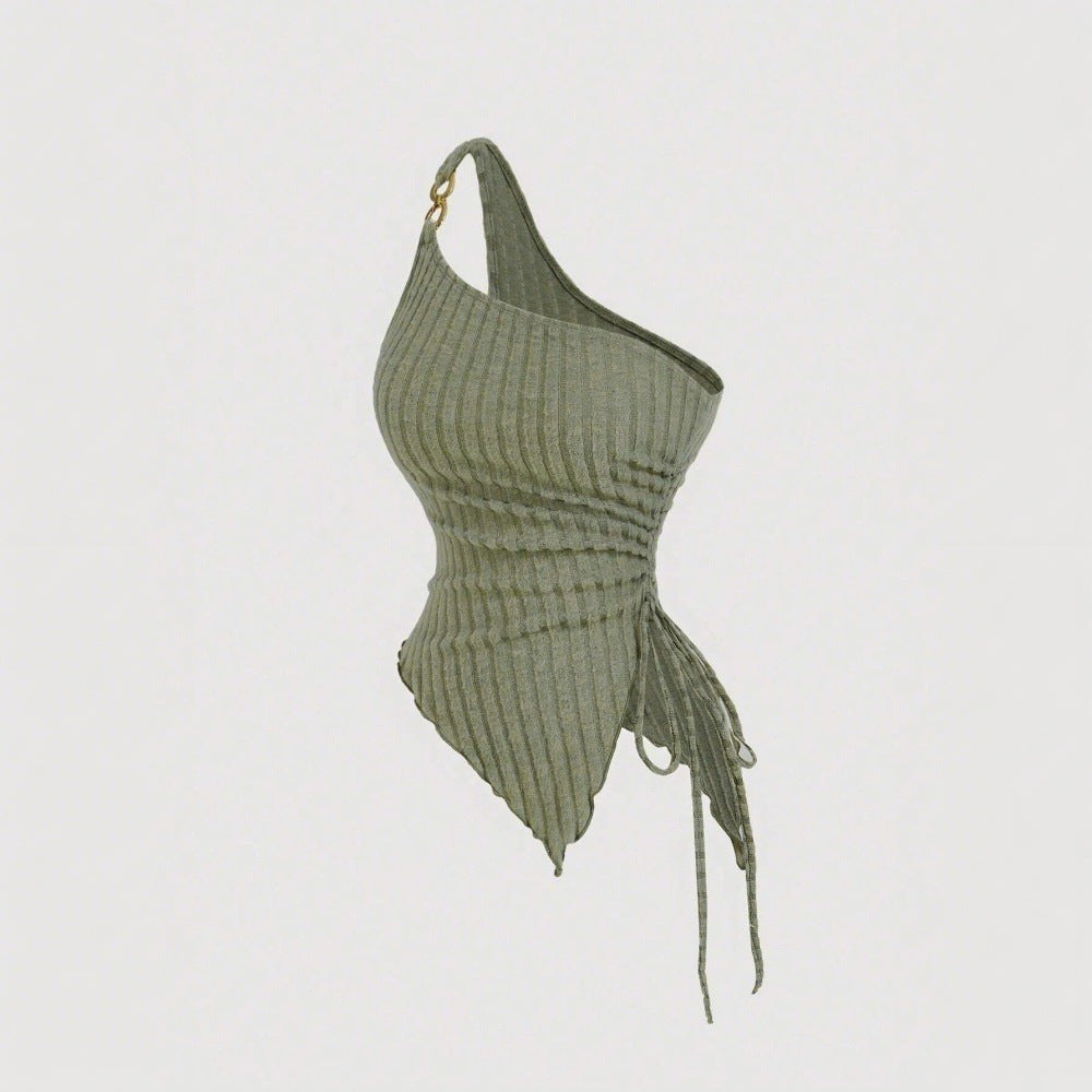 Dam Asymmetrisk Topp med Modern Knytning Elastisk Bomullsblandning-3