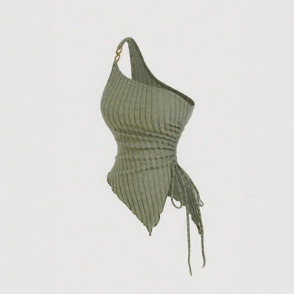 Dam Asymmetrisk Topp med Modern Knytning Elastisk Bomullsblandning-3