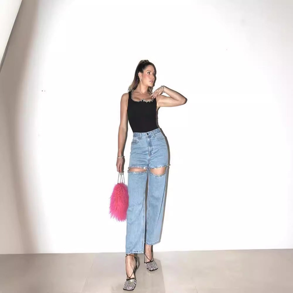 Dam Jeans Rak Snitt Polyester med Hål-3