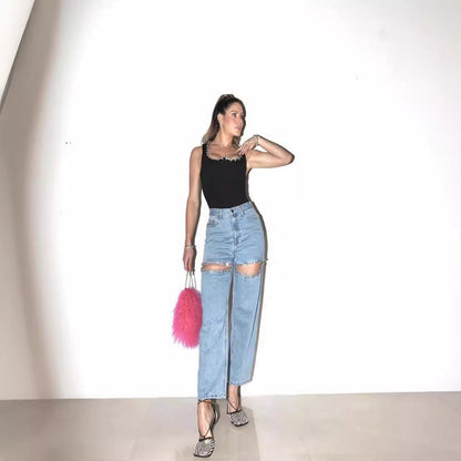 Dam Jeans Rak Snitt Polyester med Hål-3