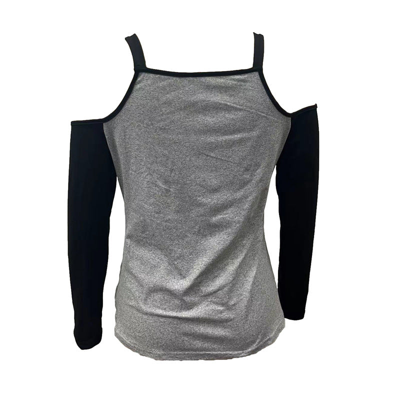 Dam Långärmad T-Shirt V-ringning Polyester med Metallspänne-5