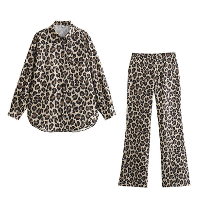 Dam Djurtryckskjorta och Raka Benbyxor Set i Polyester-6