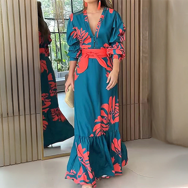 Damklänning Långärmad Blommig Midja Polyester-2