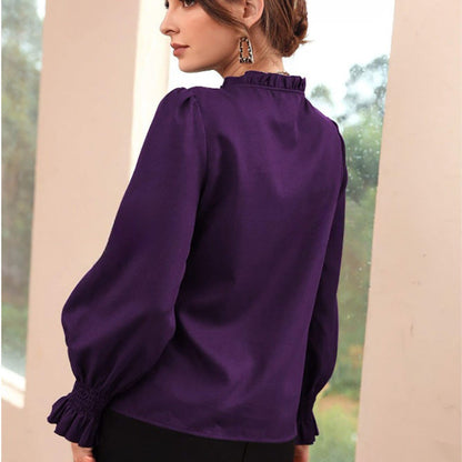 Dam Skjorta Långärmad Satin V-hals Klockärmar-6