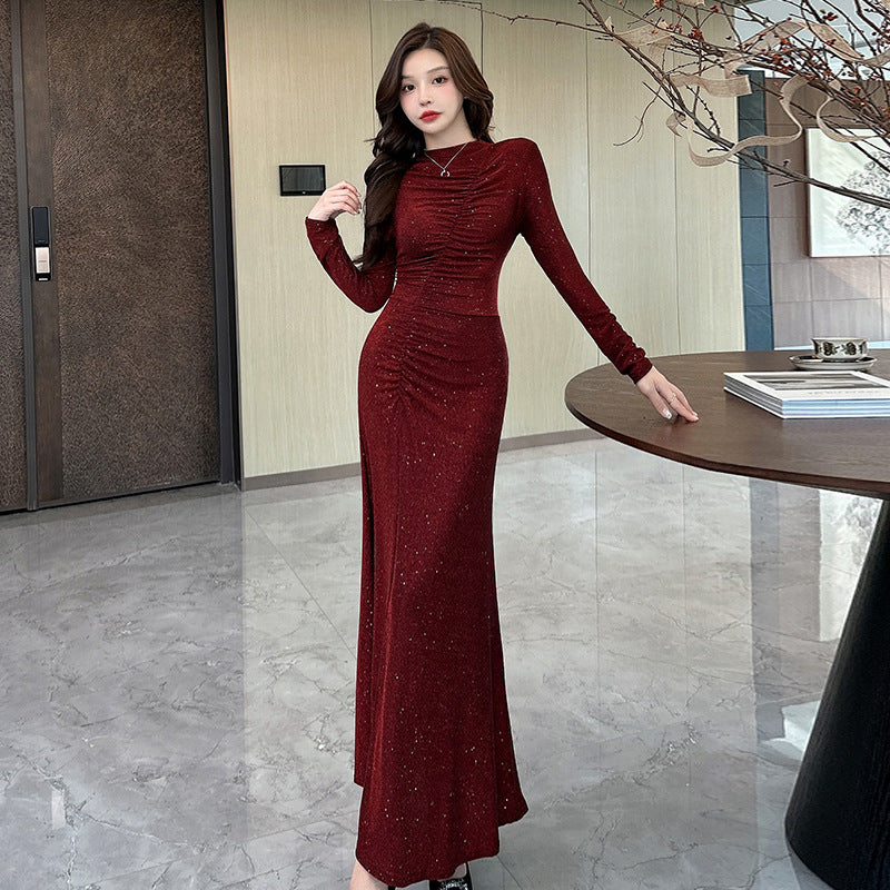 Dam Klänning V-ringad Långärmad Rüschensrock i Högkvalitativt Tyg-6