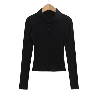 Kvinnors Långärmad Polo-Topp Elastisk med Knappdetaljer 8