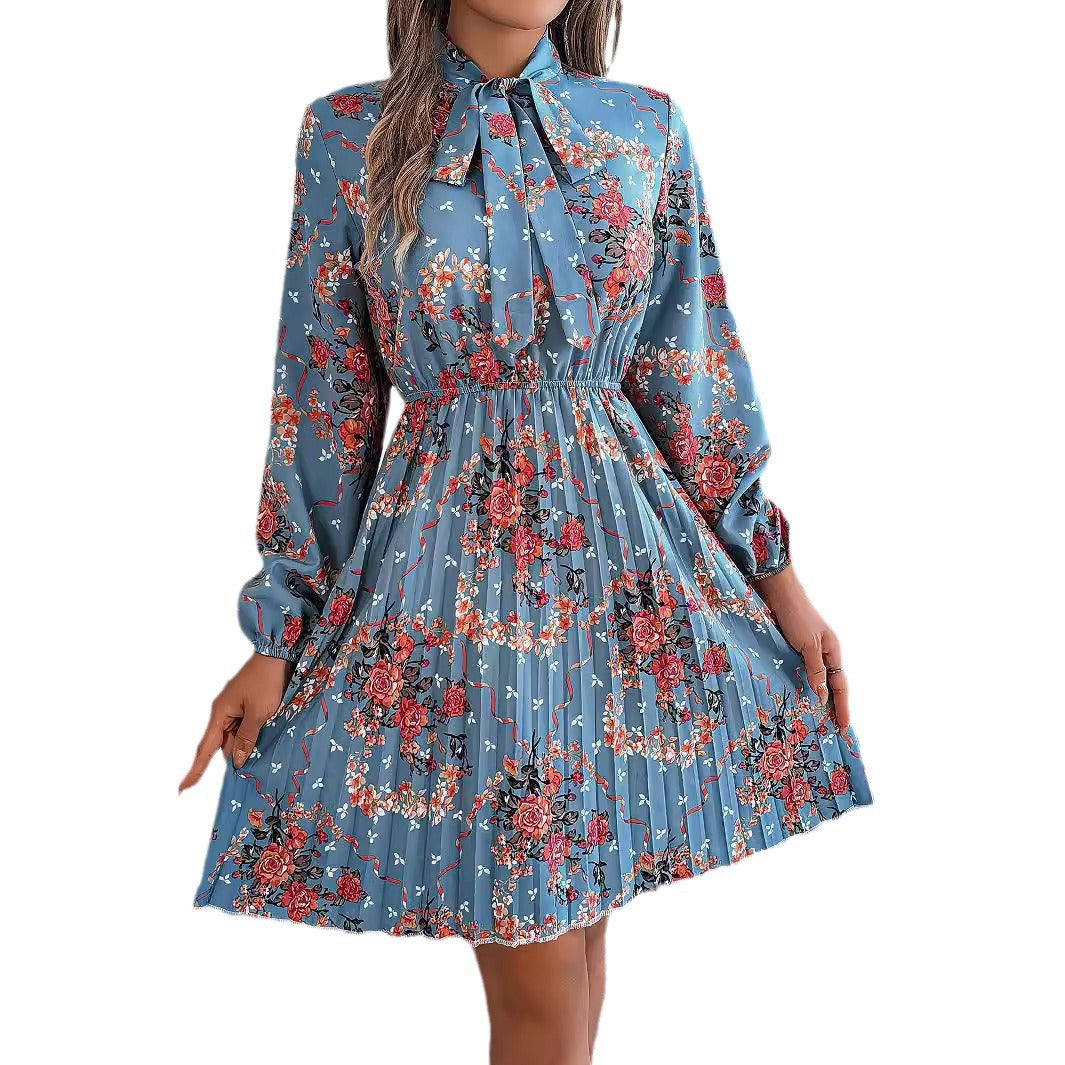 Kvinna Midi Kjol Blommig Snörning Långärmad Polyester-6