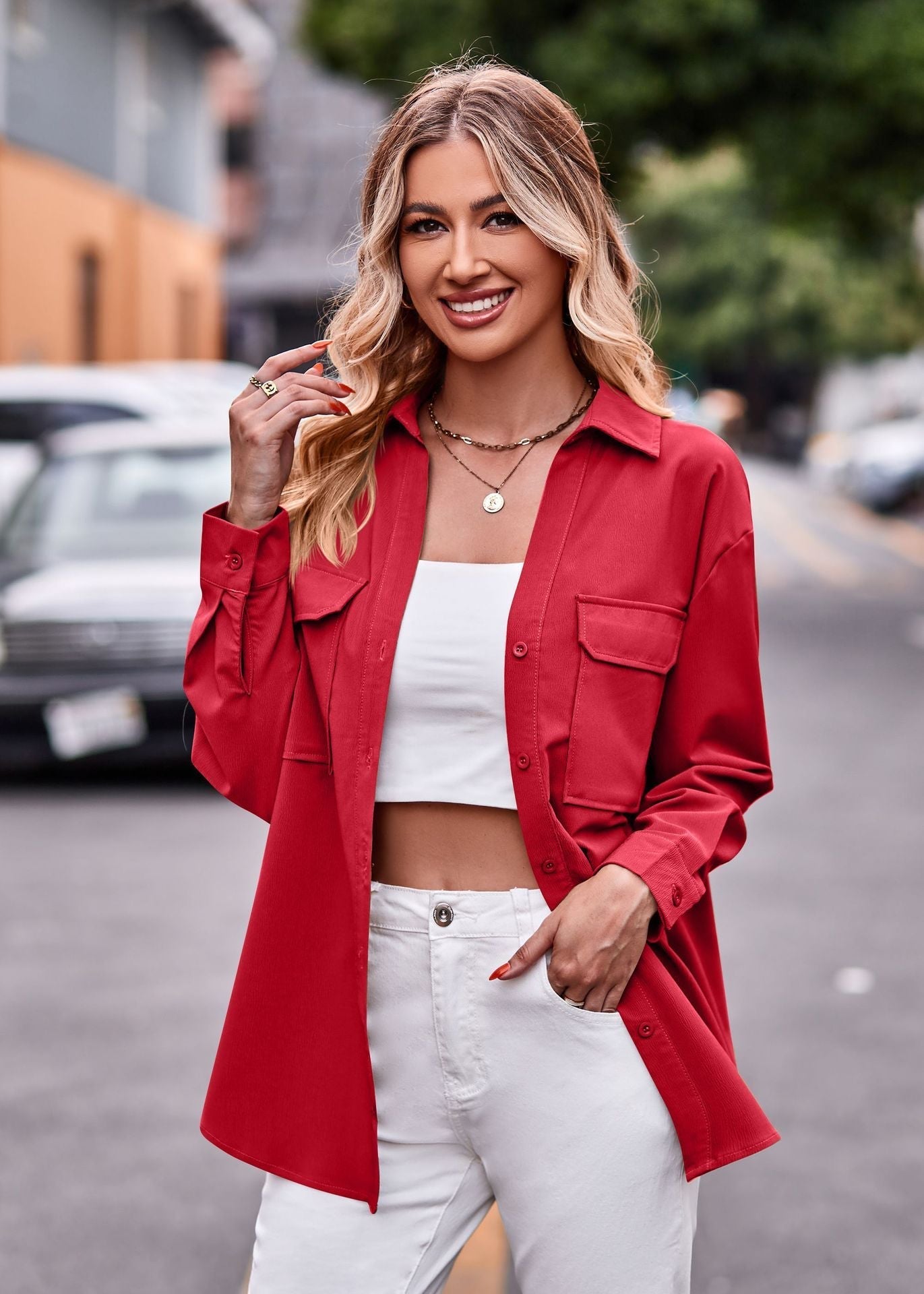 Variant image for Herrskjorta Långärmad Loose Urban Stil Stretchigt Tyg med Dubbla Fickor-11