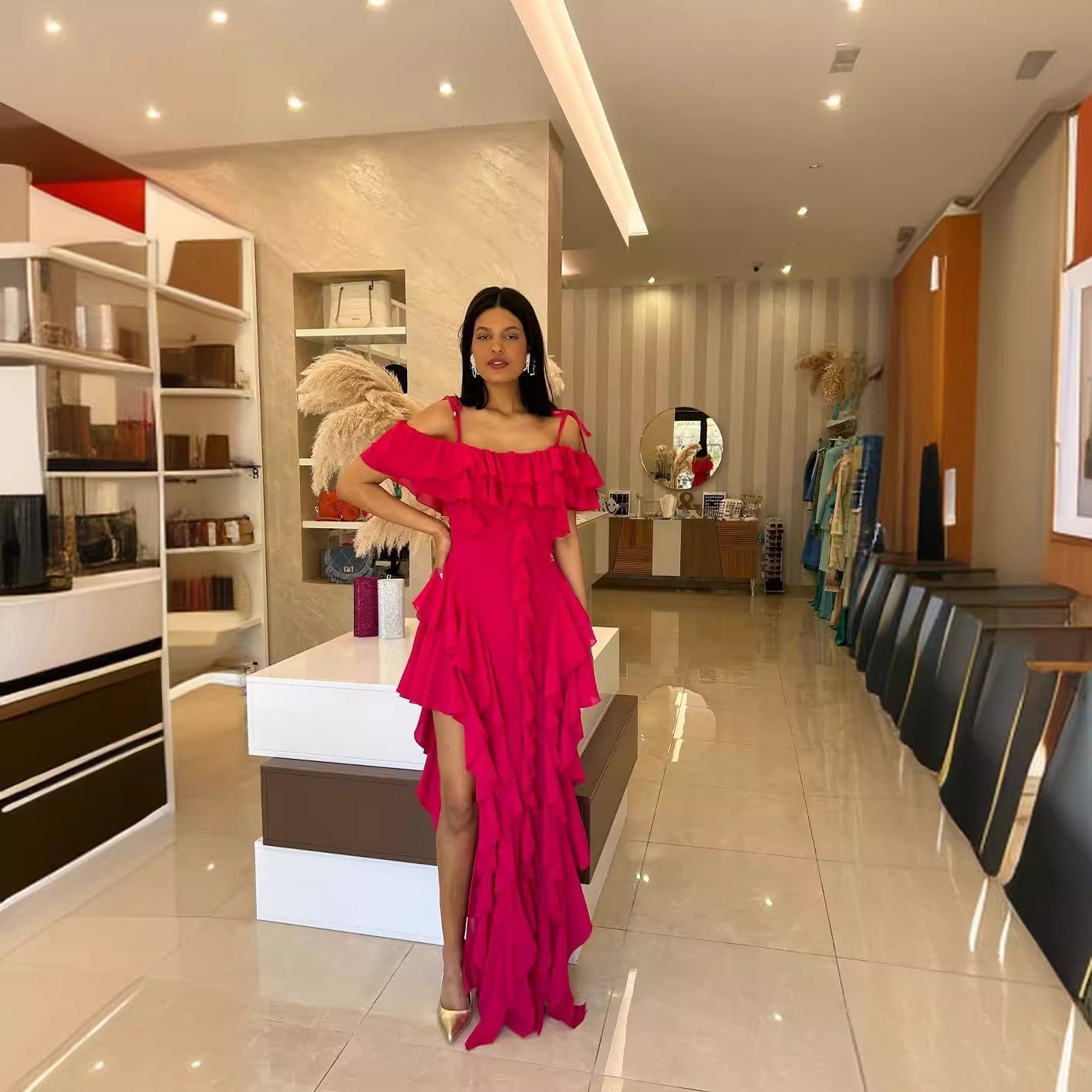 Dam MIDI-klänning Rynkad Spaghettiband Stretchig-2