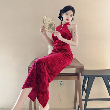 Dam Off-Shoulder Bodycon Klänning Cheongsam Stil Polyester-4