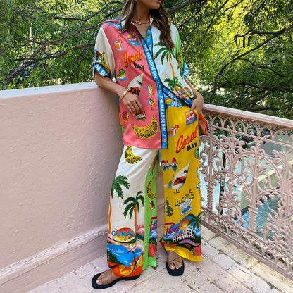 Dam Casual Set Tryckt Skjorta och Byxor Syntetisk Blandning-2