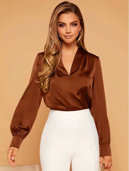Variant image for Dam Långärmad V-ringad Blus Satin Rynkad-21