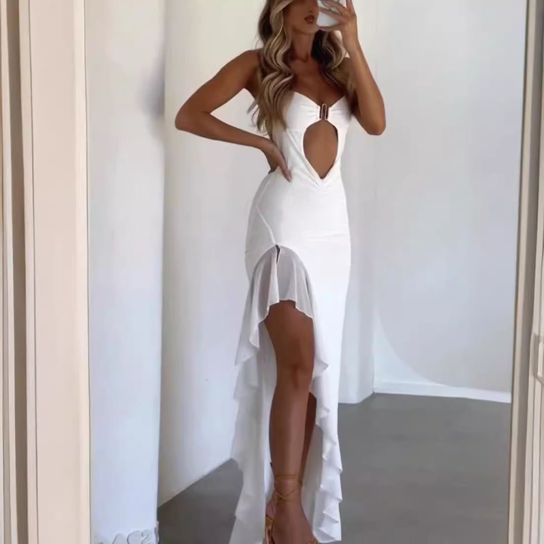 Kvinnors Bodycon Klänning U-hals Ärmlös Polyester Nätverksdesign-4