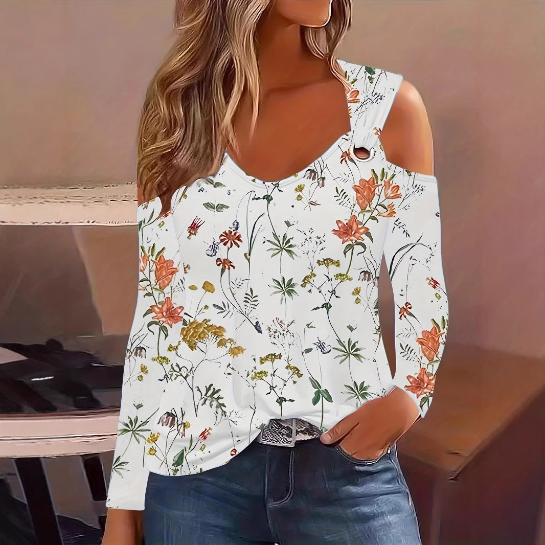 Dam Off-Shoulder Topp Blommönster V-Ringning Polyester-4