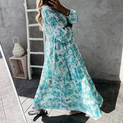 Variant image for Dam Midiklänning med Rysch och Ståkrage i Polyester, Blommig Midi Klänning för Bröllop-7