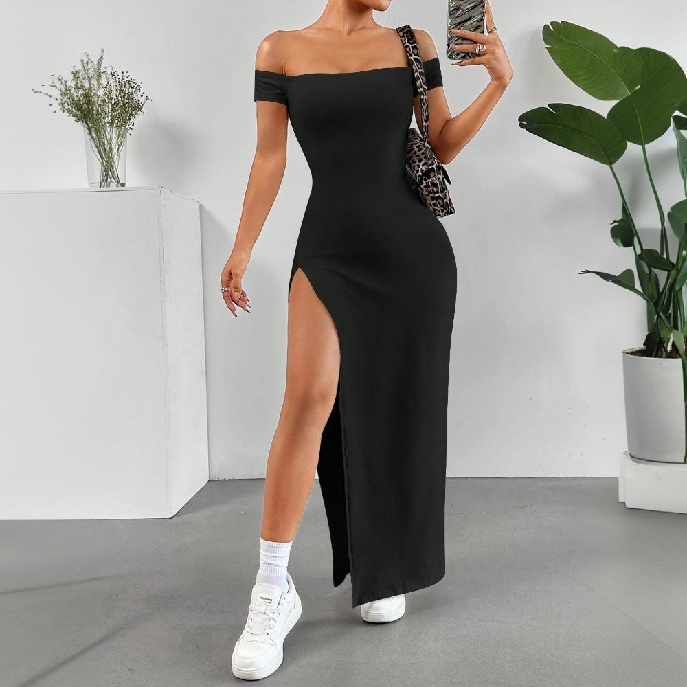 Kvinnors Off-Shoulder Midi Klänning Högkvalitativt Tyg med Splitt-1