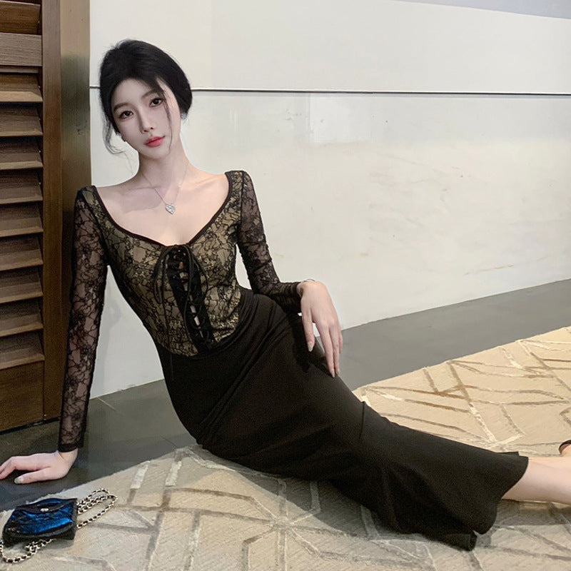 Dam Klänning Höft Spetsdesign Långärmad Polyester Elegant-5