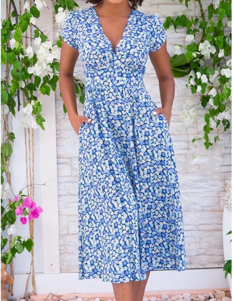 Damklänning V-hals A-linje Midi Fyrvägsstretch Bohemisk Stil 9