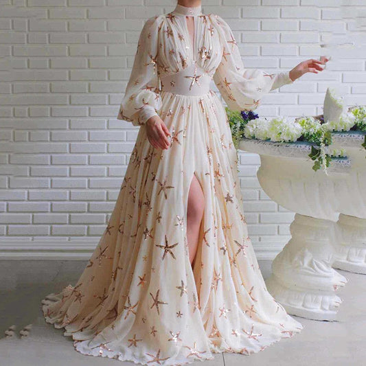Kvinnors Lång Klänning V-hals Chiffon-1